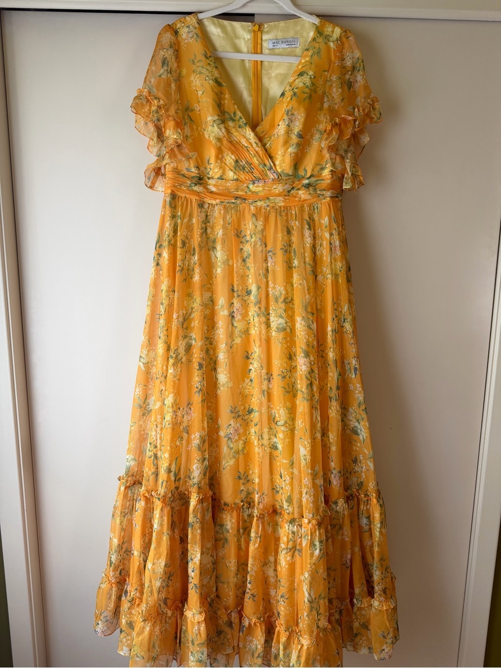 Mac Duggal Yellow Multicolor Flounce Sleeve Floral Maxi Dress 12